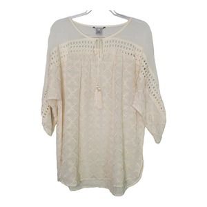 John Mark Womens Embroidered Keyhole Tie Up Neck Fold Up Cuff Sleeve Tunic Top M